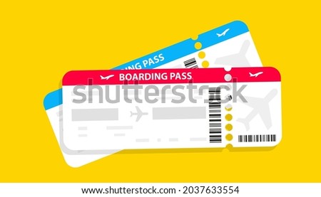 Modern airline tickets design with flight time and passenger name. Plane tickets vector pictogram. Airline boarding pass template. Vector illustration. The concept of air transportation Royalty-Free Stock Photo #2037633554