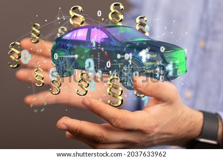 A 3D rendered section signs and a car held in person's hand Royalty-Free Stock Photo #2037633962