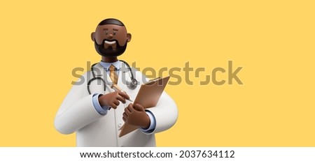 3d render. Happy doctor toy, african cartoon character holds clipboard and looks at camera. Clip art isolated on yellow background. Professional consultation. Medical concept