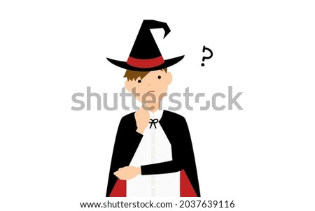 Halloween disguise, boy in wizard costume pose with arms folded in distress