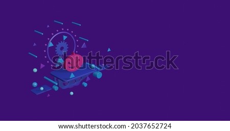 Pink halloween pumpkin symbol on a pedestal of abstract geometric shapes floating in the air. Abstract concept art with flying shapes on the left. 3d illustration on deep purple background