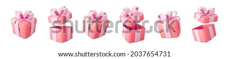 3d red gift boxes open and closed set with pastel pink ribbon bow isolated on a white background. 3d render flying modern holiday surprise box. Realistic vector icon for birthday or wedding banners Royalty-Free Stock Photo #2037654731