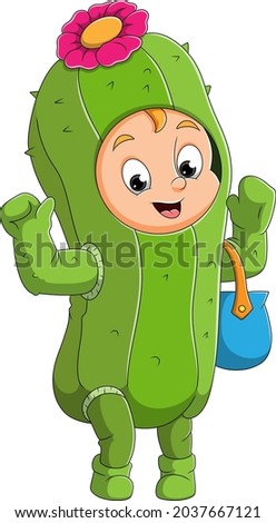 The cute boy is celebrating the halloween with the cactus costume of illustration