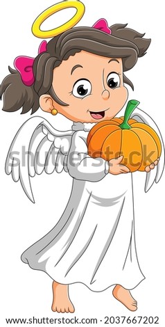 The girl with the angel costume is holding the pumpkin of illustration