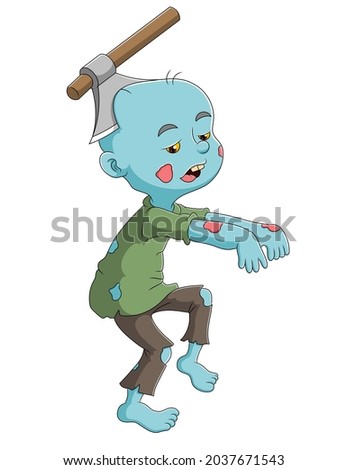 The zombie boy with the axe on the head of illustration