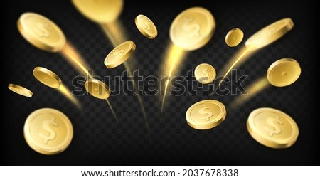 Golden coins explosion. Realistic dollar coins Royalty-Free Stock Photo #2037678338