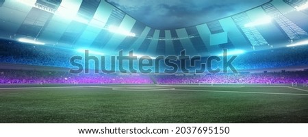 Empty stadium and neoned colorful flashlights background. Filled stands with sports, football fans. Blank space for championships, your ad, design. 3d model