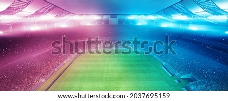 Before match. Stadium and neoned colorful flashlights background. Flyer with copyspace in modern colors. Concept of sport, competition, winning, action. Empty area for championships, ad, design Royalty-Free Stock Photo #2037695159