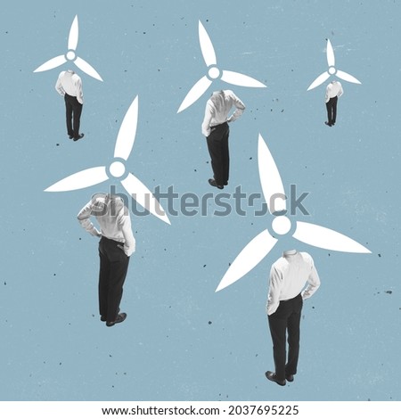 Human and wind mills. Green energy. Contemporary art collage, modern creative design. Idea, inspiration, environmental care, warming of the Earth's climate. Poster, minimalism.