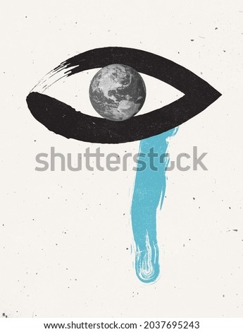 Crying planet. Social issues, ecology problems. Contemporary art collage, modern creative design. Idea, inspiration, saving ecology, environmental care, warming of the Earth's climate. Poster Royalty-Free Stock Photo #2037695243