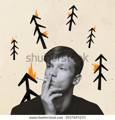 Inflammability. Contemporary art collage, modern creative design. Idea, inspiration, saving ecology, environmental care, warming of the Earth's climate. Poster, minimalism. Smoking man and forest