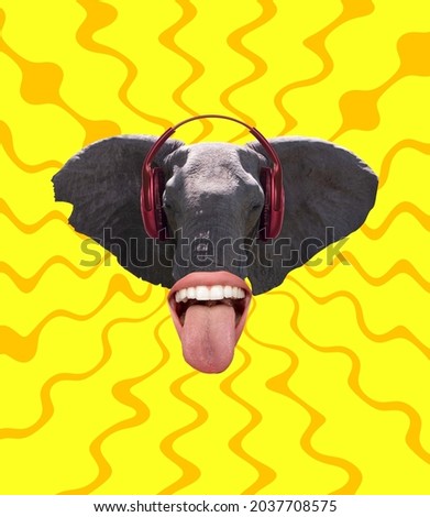 Surrealistic art flyer for music direction. Contemporary art collage of elephant head in headphones and human mouth isolated over yellow background. Concept of creativity, imagination, inspiration, ad