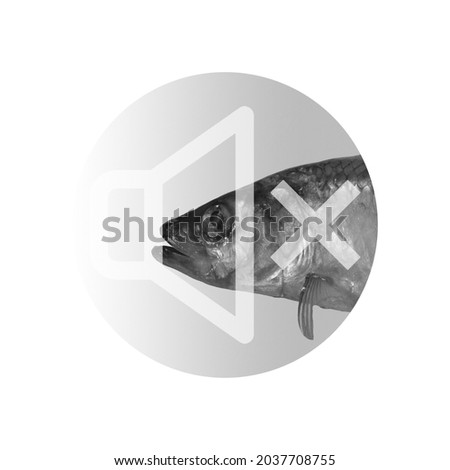 Dumb as fish. Contemporary art collage. Surrealistic black and white composition of fish head and silent phone sign isolated over white background. Concept of creativity, imagination, inspiration, ad
