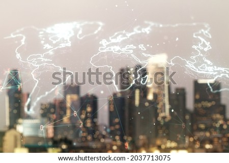 Double exposure of abstract digital world map on blurry cityscape background, research and strategy concept
