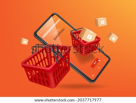 The parcel box floated out of the red shopping basket. and all objects are floating above the smartphone for online shopping concept design,vector 3d on orange background for advertising design Royalty-Free Stock Photo #2037717977