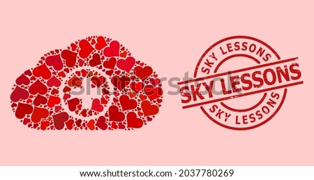 Distress Sky Lessons stamp seal, and red love heart mosaic for medical cloud. Red round stamp has Sky Lessons text inside circle. Medical cloud mosaic is composed from red romance symbols.