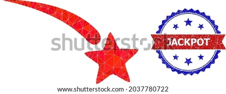 Low-poly falling star polygonal symbol illustration, and grunge bicolor rosette stamp imprint, in red and blue colors. Mosaic falling star composed from chaotic filled triangles.