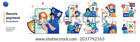 Secure payment isolated set. Protection of financial transactions and banking. People collection of scenes in flat design. Vector illustration for blogging, website, mobile app, promotional materials. Royalty-Free Stock Photo #2037792563