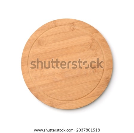 Top view of empty round bamboo pizza cutting board isolated on white Royalty-Free Stock Photo #2037801518