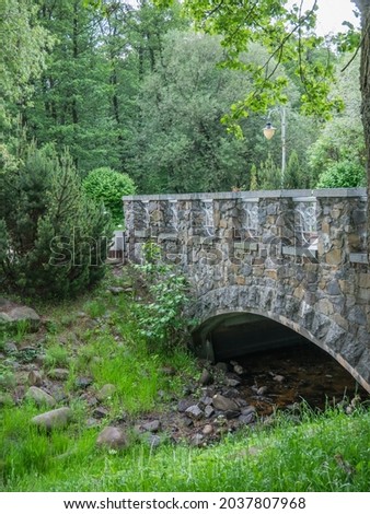 Bridge in the park over a dry stream. Stone, metal structure, blossoming willow and trees