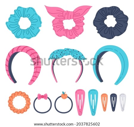 Doodle girls hair accessories. Cartoon woman hair tie, headbands, elastic bands, hair hoops and scrunchies. Hair accessory vector illustration symbols set Royalty-Free Stock Photo #2037825602