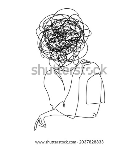 Continuous one line drawing of a woman with confused feelings worried about bad mental health. Problems, stress, sad and depression concept in doodle style. Liner Vector illustration