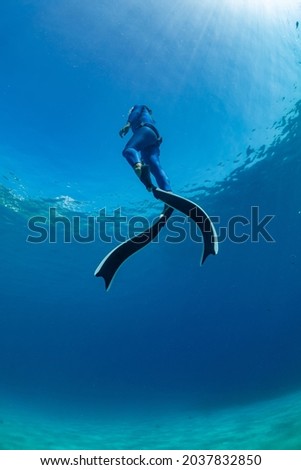 freediver girl in the sea Royalty-Free Stock Photo #2037832850