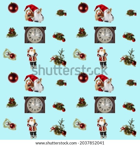 Pattern of Christmas decoration isolated on blue background. Beautiful Christmas backgrounds.