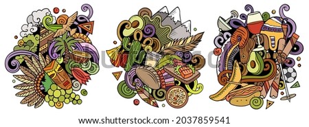Chile cartoon vector doodle designs set. Colorful detailed compositions with lot of Chilean objects and symbols. Isolated on white illustrations