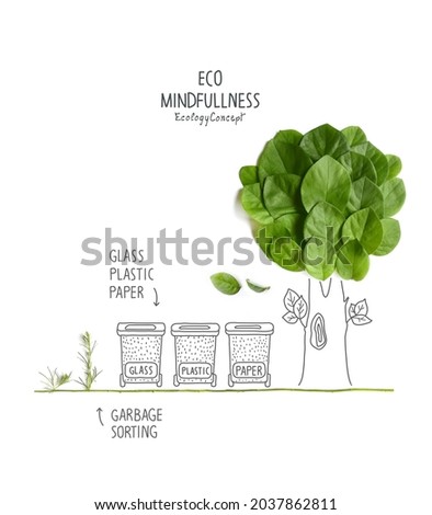 Environmentally friendly planet. Tree crown, made of green leaves and cartoon sketches of trunk.  Garbage sorting bins for plastic, glass, paper.Think Green. Zero waste, environment protection Concept Royalty-Free Stock Photo #2037862811