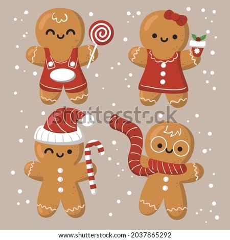Gingerbread man collection. Christmas icon. Holiday winter symbols. Festive treats. New year cookies, sweets. Vector illustration. Royalty-Free Stock Photo #2037865292