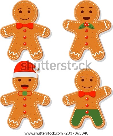 Gingerbread man collection. Christmas icon. Holiday winter symbols. Festive treats. New year cookies, sweets. Vector illustration. Royalty-Free Stock Photo #2037865340