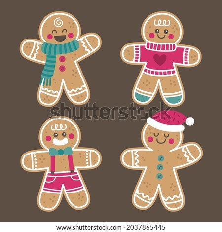 Gingerbread man collection. Christmas icon. Holiday winter symbols. Festive treats. New year cookies, sweets. Vector illustration. Royalty-Free Stock Photo #2037865445