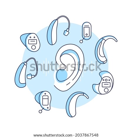 Deafness concept.Choosing a hearing aid for deaf people.Different types of hearing aids by size, type.Linear vector illustration of human ear and icons in flat style.Design for banner,ads and websites Royalty-Free Stock Photo #2037867548
