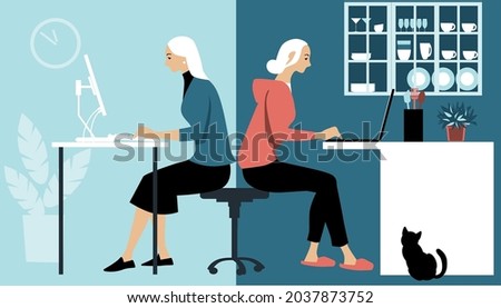 Woman in hybrid work place sharing her time between an office and working from home remotely, EPS 8 vector illustration Royalty-Free Stock Photo #2037873752
