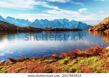 Picturesque view of Chesery lake (Lac De Cheserys) and snowy Monte Bianco mountains range on background, Chamonix, France Alps. Landscape photography