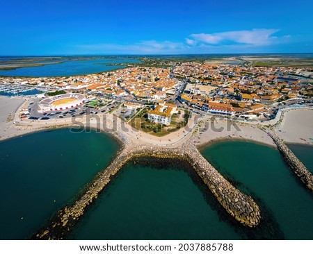 The aerial view of Saintes-Maries-de-la-Mer,  the capital of the Camargue in the south of France Royalty-Free Stock Photo #2037885788