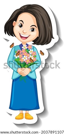 A girl holding bouquet cartoon character sticker illustration