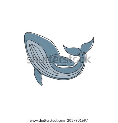 One single line drawing of big whale fish for company logo identity. Giant creature mammal animal mascot concept for conservation foundation. Continuous line draw graphic design vector illustration