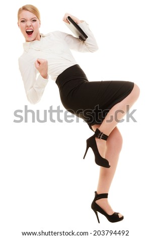 Happy businesswoman woman winner shouting for joy with victory sign hand gesture isolated on white. Success in business work.