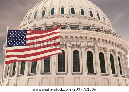 A 3D rendering of the flag of the United States of America and behind it the dome of the Capitol USA