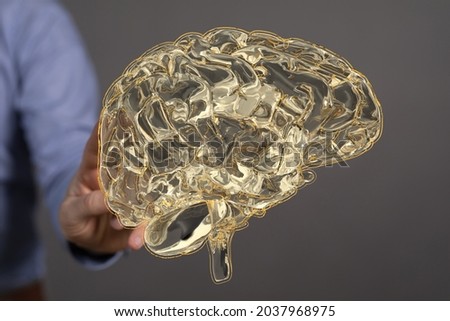 A hand touching a 3D rendering of a floating human brain