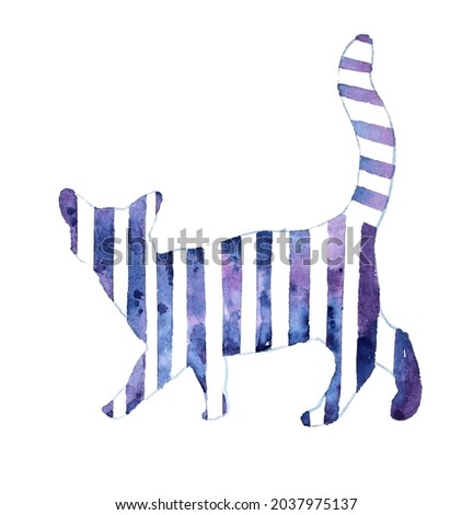 Watercolor painting of a walking cat silhouette. Isolated on white background.