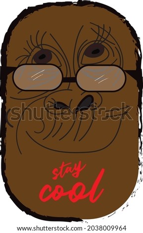 
Vector illustration. Portrait of Monkey in glasses with a smiling face. Stay cool - lettering quotes. Poster, t-shirt competition, hand drawn style print.