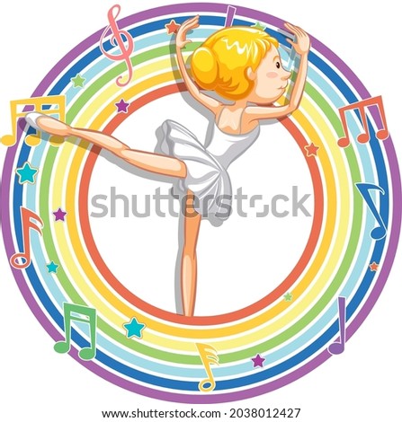 Ballerina in rainbow round frame with melody symbols illustration