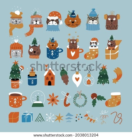 Big set of Christmas elements. Christmas objects isolated on white background. Хmas decorations and elements. Vector hand drawn illustration. 