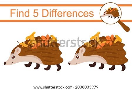 Cartoon hedgehog with mushrooms. Find 5 differences. Educational game for children. Vector illustration, flat cartoon style.