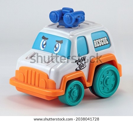Rescue trolley, toy for babies and children in bright colors, animated character in the shape of a personalized trolley