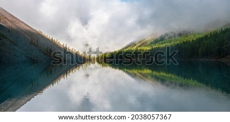 Soft focus. Mystical morning panoramic landscape with fog over the lake. Reflection of coniferous trees in shiny calm water. Alpine tranquil landscape at early morning. 