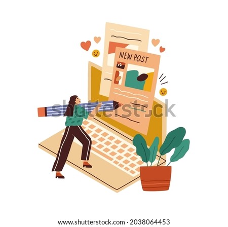 Blogger creating content for blog. Tiny woman copywriter writing new post for social media. Author at laptop. Copywriting and blogging concept. Flat vector illustration isolated on white background Royalty-Free Stock Photo #2038064453